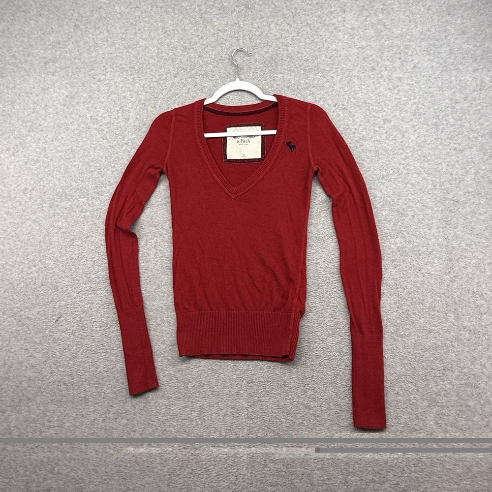 Vintage Y2K Red Abercrombie Fitch Indie Knit Deep V Neck Sweater Top‎ XS Moose
